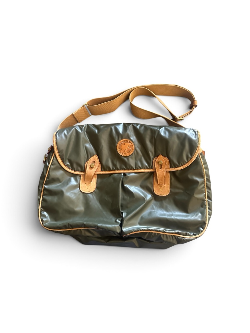 Hunting World Olive Green Nylon Messenger Bag with Tan Leather Trim